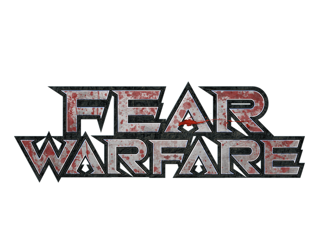 Fear Warfare logo in a distressed, metallic font with red blood splatter effects on a light gray background.
