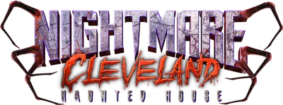 Nightmare Cleveland Haunted House logo featuring stylized "Nightmare" text with spider-like legs and "Cleveland" in orange dripping font.